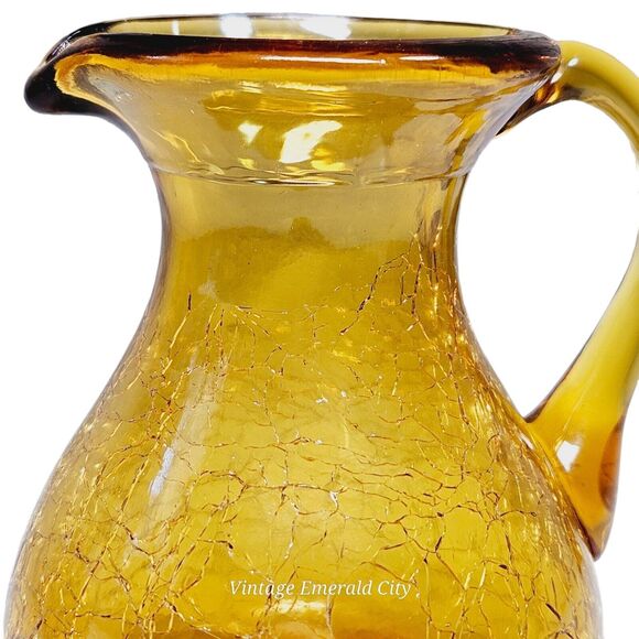 Vtg Handblown Cruet Mini Pitcher 4 In Amber Crackle Art Glass & Wooden Base Set - Picture 4 of 14
